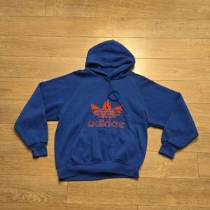 Vintage Adidas Men's Blue Hoodie with Red Logo